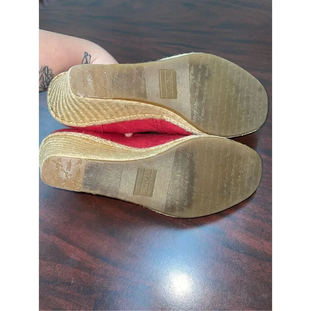Toms Red Wedge Open Toe Sandals Size 7.5